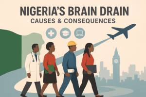 Illustration of Nigerian professionals crossing a bridge toward Western cities, symbolizing brain drain, with fading Nigerian flag in the background.