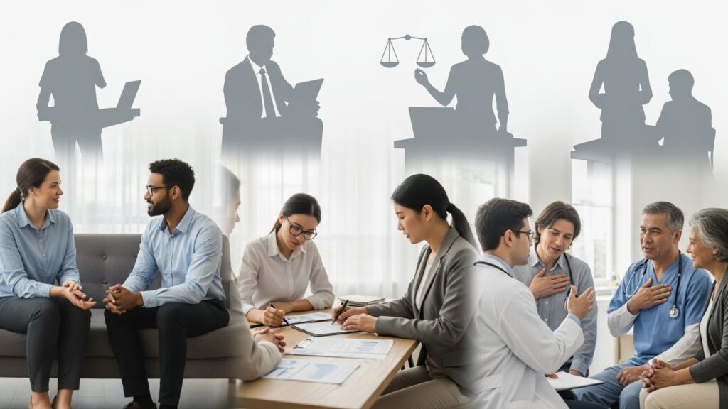 A migrant sits across from a professional in an office setting, discussing concerns while the professional offers guidance and support in a calm, reassuring manner.