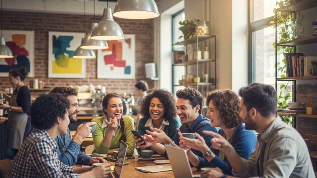A diverse group of friends chatting and laughing together in a cozy café, illustrating how connecting with native speakers helps migrants improve language skills and build supportive social circles abroad.