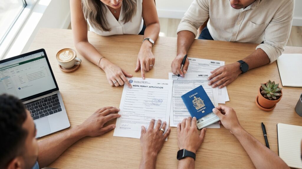A highly realistic, photorealistic overhead shot of a diverse group of hands collaborating around a light wooden table. They are reviewing various official documents, including a crisp white 'Work Permit' application and a vibrant passport.