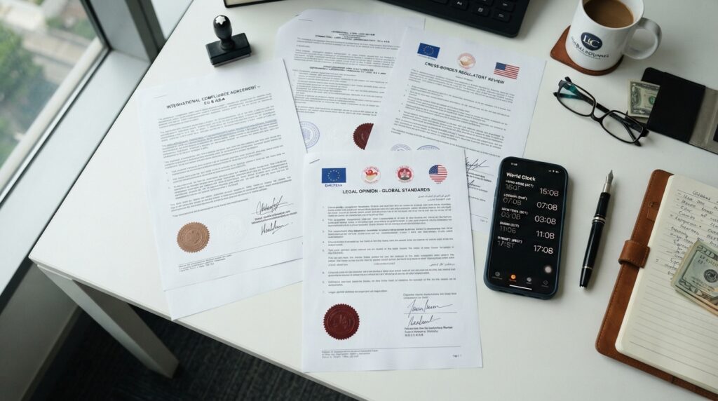 A highly realistic, photorealistic overhead view of a legal workspace focused on cross-border compliance. Several official documents with different international seals and 'Regional Compliance' headings are spread across a clean white desk. A smartphone displays a world clock with multiple time zones.
