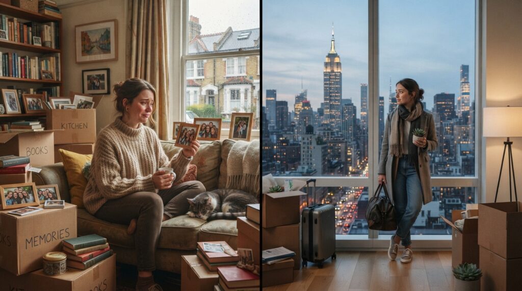 A realistic depiction of the emotional roller coaster of relocation. A split composition: one side shows the person in a warm, familiar home setting, and the other side shows them in a modern, cold, but exciting new city. Their expression is a blend of nostalgia and anticipation.