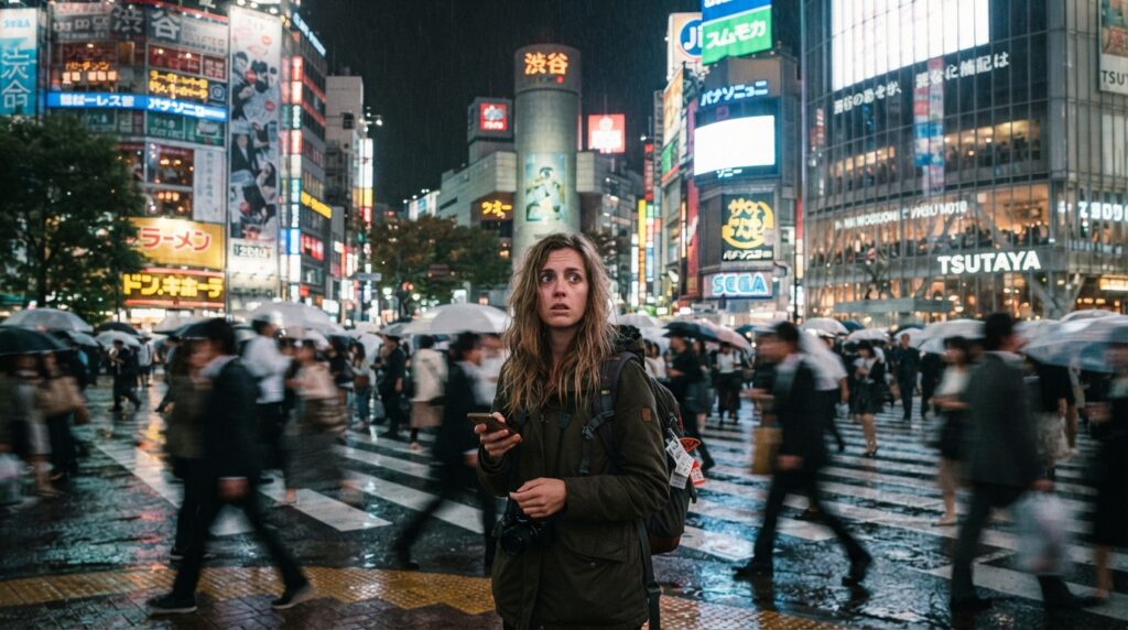 A highly realistic, cinematic photograph capturing a moment of profound culture shock. A traveler stands frozen in the middle of a dense, neon-lit Asian metropolis at night, surrounded by towering holographic advertisements and a sea of people moving in a blur. The traveler’s expression is a mix of awe, confusion, and isolation.